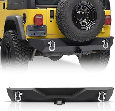 Off Road Rear Bumper Fit for Jeep Wrangler TJ YJ 1987-2006 WD-Rings Heavy Duty Rear Bumper W 2 Hitch Receiver Black Powder Coated
