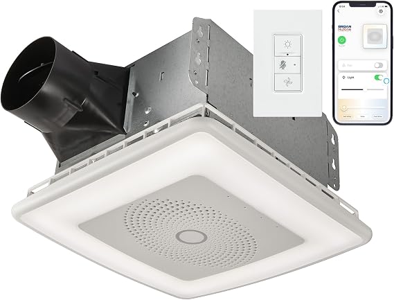 Broan-NuTone VC110CCT Sensonic Alexa Voice Controlled Smart Exhaust Fan with Dimmable LED Light and Bluetooth Speakers, 110 CFM,White, 13.25"x13.25"x5.75"