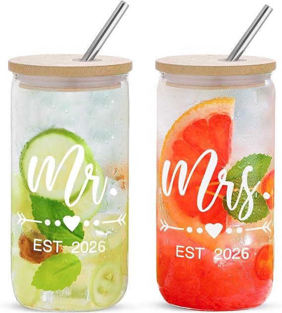 Mr and Mrs Coffee Cups 2026 Gift Glass Tumbler Set With Straw