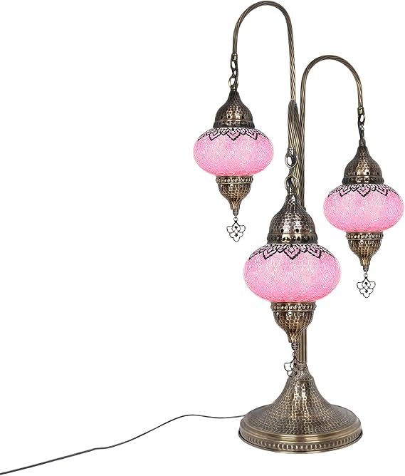 Turkish Bedside Lamp | 3-Globe Cracked Pattern Glass | Moroccan Mosaic Design for Bedroom Decor | Handcrafted Stained Glass Lantern with Victorian Charm (Pink)