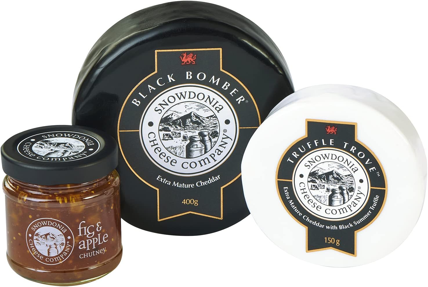 Snowdonia Cheese Company Large &amp;#34;Black Bomber&amp;#34; Extra Mature Cheddar 400g Selection,#34;Truffle Trove&amp;#34; Mature Cheddar &amp;amp; Truffle 150g, Fig &amp;amp; Apple Chutney 114g