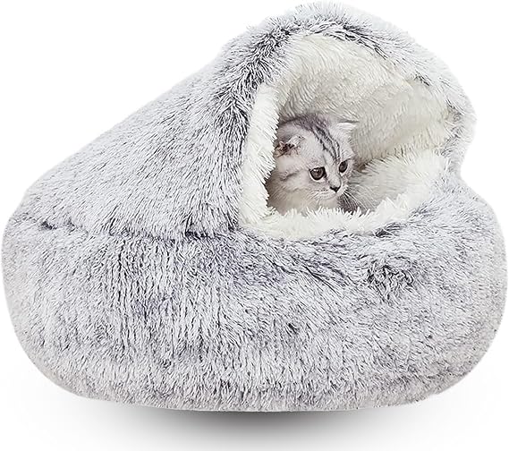 Cat Bed Round Fluffy Hooded Cat Bed Cave Anti-Anxiety Cave Bed Cat Bed Donut for Indoor Cats Water/Dirt Resistant Base (Color : Gray, Size : 50CM)...