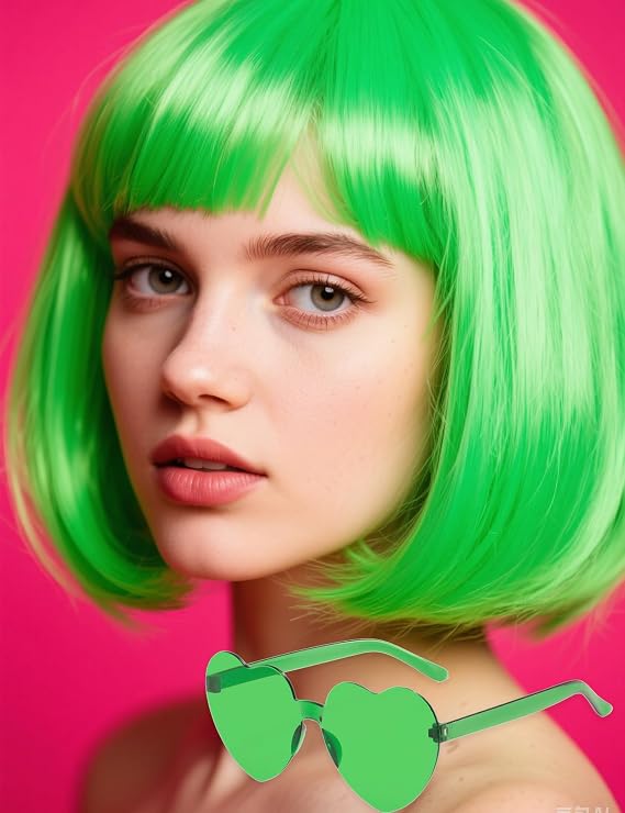 Green Bob Wig with Bangs for Women 12 Inch Short Party Cosplay Wigs Pack
