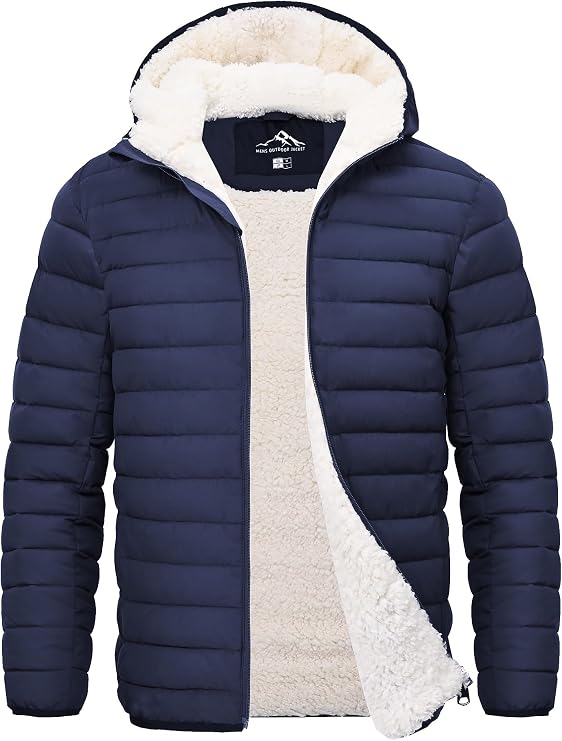 Men's Sherpa-Lined Winter Jacket Fleece Windproof Hoodie Warm Coat