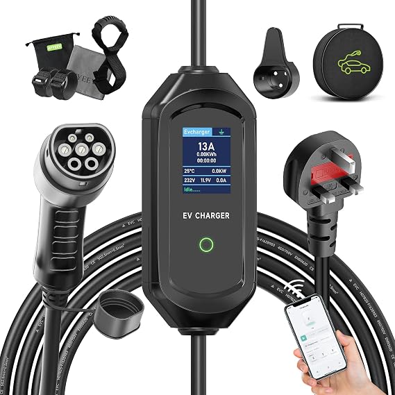 3kW EV Charger Type 2 to 3 Pin Plug, 8M 6/8/10/13A, 1-15H Delay