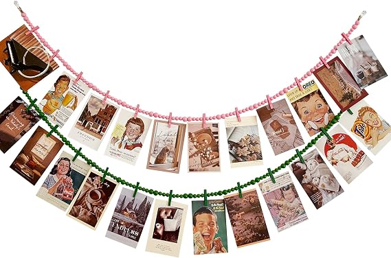 Valentine's Day Hanging Photo Display with 12 Clips, 2pcs Wooden Bead Garland, Boho Style Collage Photo Frame Decoration for Dorms, Classrooms, Bedrooms(Green+Pink)