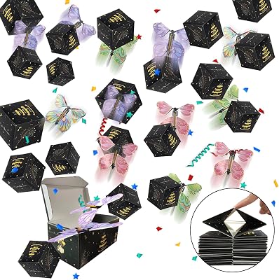 Exploding Gift Box with Confetti and Butterflies, Cash Explosion Box, Surprise Box Suitable for Birthday Anniversary & Christmas, DIY a Surprise for All Ages, Happy Festivals and Parties Black
