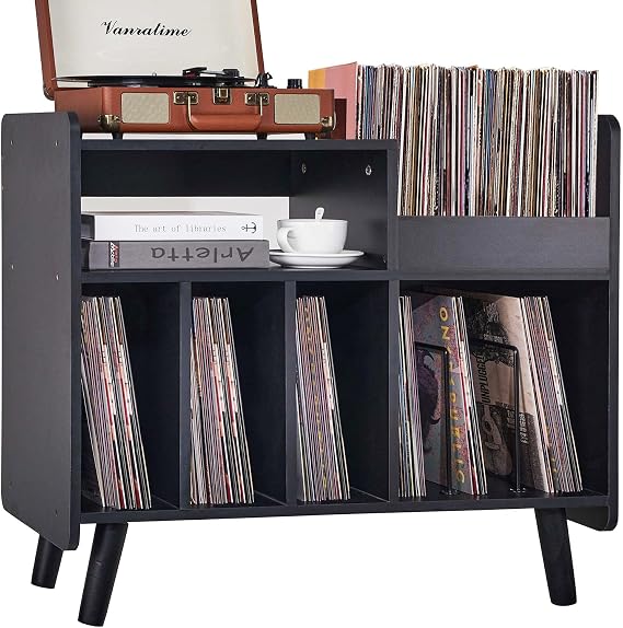 Record Player Stand, Large Record Player Table Cabinet with Open Vinyl Storage and Display Shelf Holds up to 350 Albums, Mid Century Wood Turntable for Living Room, Bedroom, (Black) (..Black..)