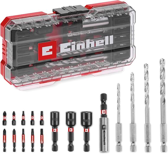 Orijinal Einhell S-CASE 18 parça darbeye dayanıklı aksesuar seti (25 mm bitler, 50 mm bitler, 60 mm bit tutucu, lokma adaptörü, metal delme ucu ve saklama kutusu dahil) - 49108709