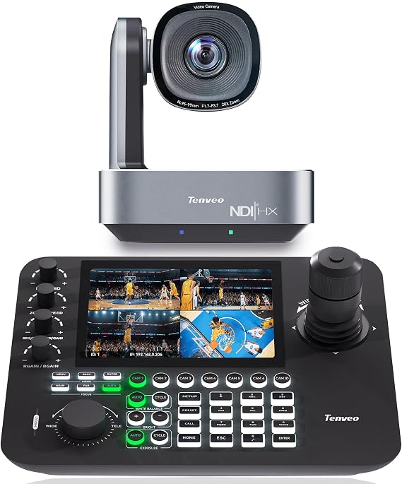 Tenveo 4K PTZ Camera and Controller Bundle/Kits - 20X AI Tracking HDMI/USB3.0/LAN(PoE) 4K NDI PTZ Camera and 7'' Quad-Screen NDI Joystick Controller for Church Service Events Live Streaming