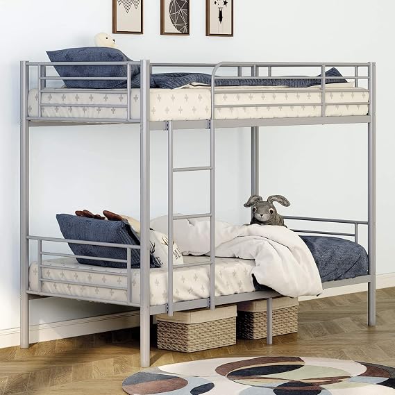 Alohappy Bunk Bed Twin Over Twin,Heavy Duty Metal Twin Bunk Beds Frame with Removable Ladder,No Box Spring Needed,Space-Saving,Easy to Climb,Urban Industrial Style(Silver)