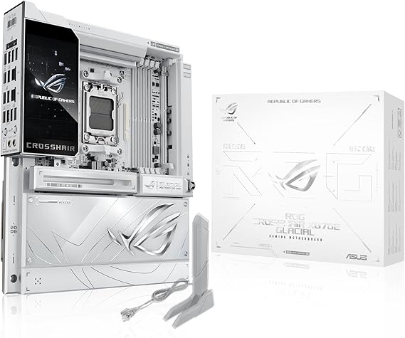 ASUS ROG Crosshair X870E Glacial AM5 E-ATX Motherboard, DDR5, DIMM Fit, WiFi 7, PCIe 5.0, 7X M.2, 2X 10Gb LAN, 5 LCD, AIO Q-Connector, AI Cache Boost