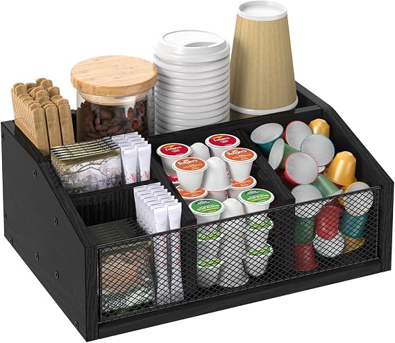 Coffee Accessories Storage Box with 4 Compartments, Wood, Black, for Kitchen and Organiser, Shelf White for Sugar, Syrup, Tea, Milk, Napkins, Cups, Spice Accessories Holder