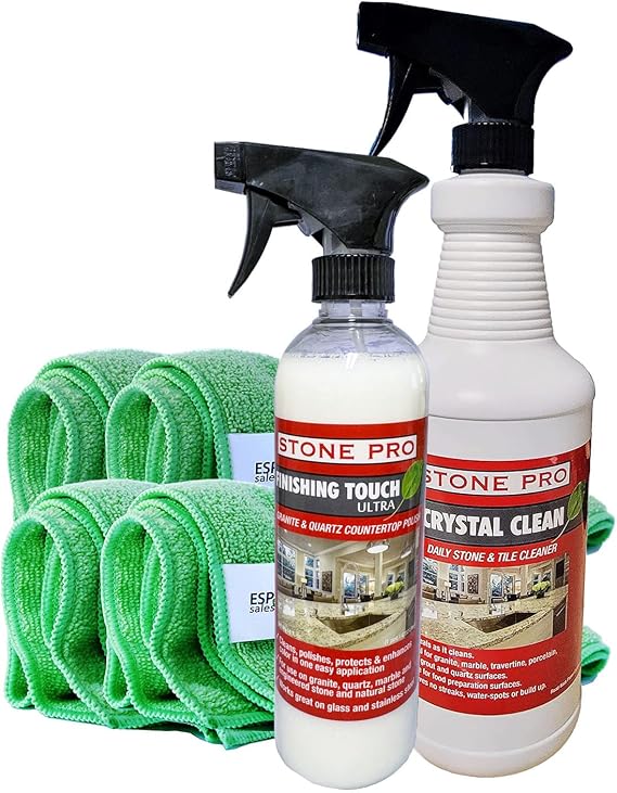 Stone Pro Marble and Granite Cleaning Kit | Crystal Clean, Finishing Touch, Cleaning Towels, Premium Cleaning & Polishing Solution