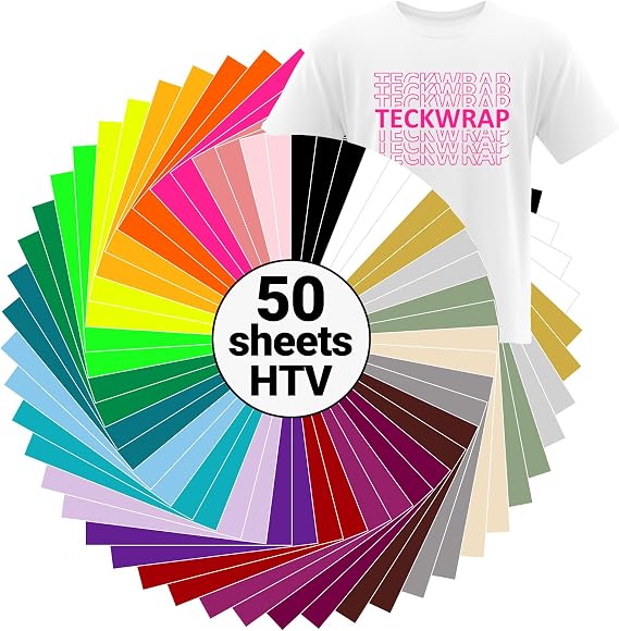 TECKWRAP HTV Heat Transfer Vinyl Bundle: 50 Pack 12"x10" PU Iron On Vinyl Sheets, 24 Assorted Colors for T-Shirts. Compatible with All Cutters & Heat Press Machines. Easy to Cut & Weed