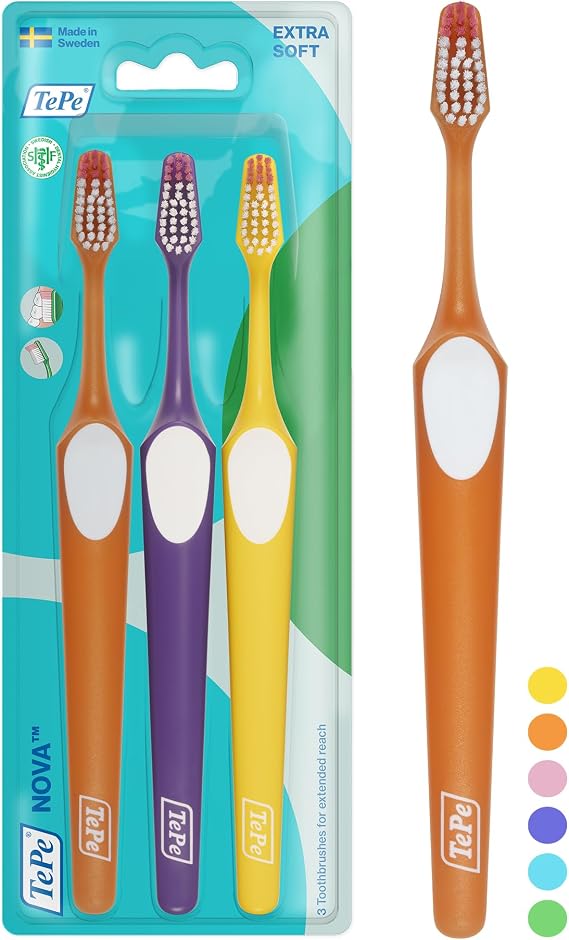 TePe Nova Toothbrush, Extra Soft, Assorted Colours, 3pcs