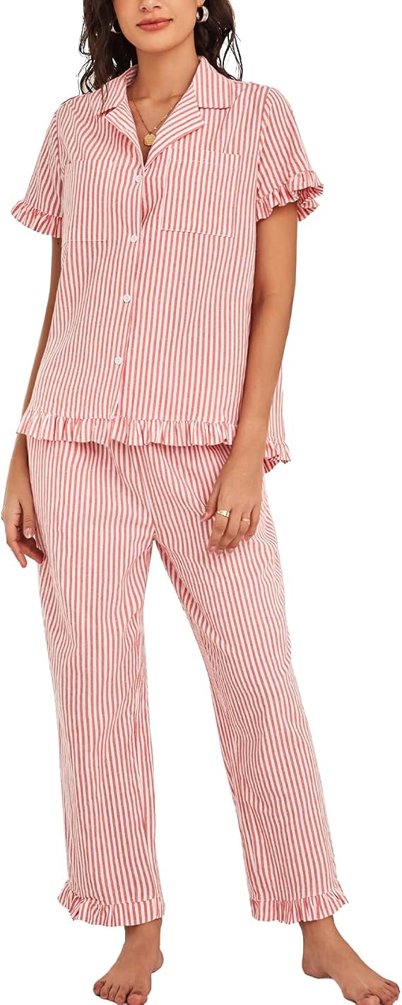 Flygo Womens Striped Pajama Sets Soft 2 Piece Cotton Sleepwear Pjs