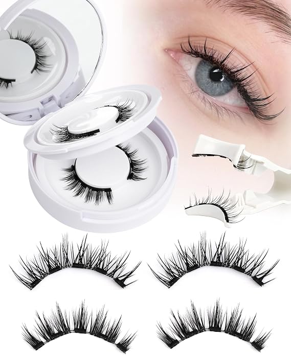 Magnetic Eyelashes Lashes Magnet Natural - Manga Look 2 Pair 5 Magnets Kit | with Applicator and Mirror Quick Wear No Glue for Sensitive Eyes by EMEDA(Natural Look)