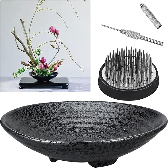 Japanese Ikebana Kit Floral Frog Flower Container with Kenzans Needle Straightening Tool - 1.8inch Black Flower Frog, 6.7inch Bowl Vase