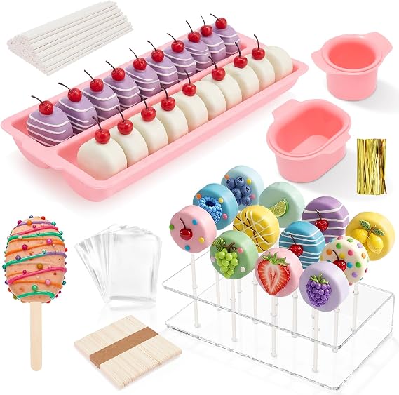 Cake Pop Mould Set with Double Mold Tray, Reusable Round and Oval Cake Pop Maker Kit with Acrylic Lollipop Display Stand Wooden Popsicle Sticks Treat Bags and Ties for Birthday Holiday Baking