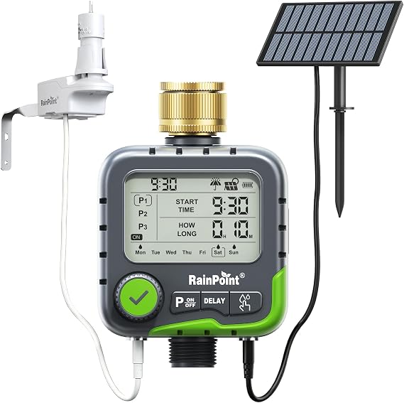 RAINPOINT ITV156 Water Timer Kit with Rain Sensor & Solar Panel, 3 Independent Plans, Automatic Rain Shutoff, Continuous Solar Power for Garden & Lawn Irrigation, IP65 Waterproof