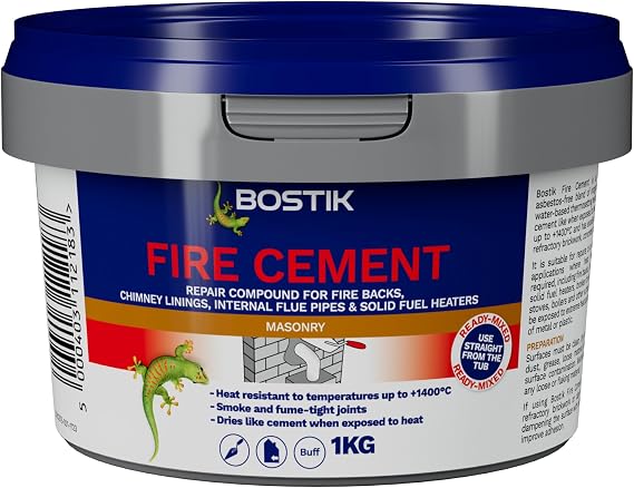 Bostik Fire Cement – Heat Resistant Repair Compound for Fireplaces, Flues & Stoves – Buff Colour – Ready Mixed – Up to 1400°C – 1kg Tub