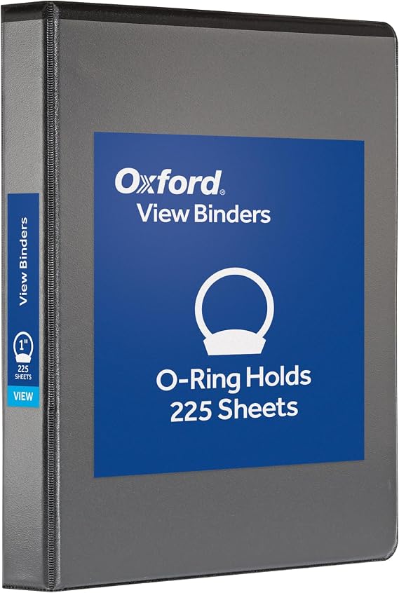 Oxford Ring Binders, 1" Round Ring Binders, View Binder, Covers on 3 Sides, XtraLife Hinge, Non-Stick, PVC-Free, Black, 225 Sheet Capacity (1002546)