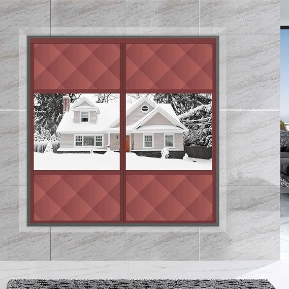 Magnetic Thermal Insulated Curtain with Transparent Window, Oxford Cloth Cotton Filling Cold-Proof Windproof Curtains,Brown,160 * 160cm