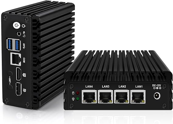 Micro Firewall Appliance, Fanless Mini PC J3710 4C/4T, 4x 2.5 GbE i225-V LAN,AES-NI,DDR3 8GB SSD 128GB Router Netzwerk Security USB3.0/HD/DP/Console RJ45 Port/Wi-Fi, Dual Display