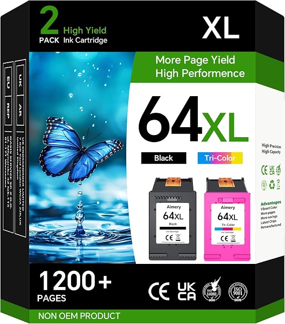 64XL High Yield Ink Cartridges Black and Tri-Color 2-Pack, Replacement for HP 64XL, Compatible with ENVY Photo 7855, 7858, 7155, 7120, 6255, 7158, 6252, 7164, 6258, 6232 and Tango Series Printers