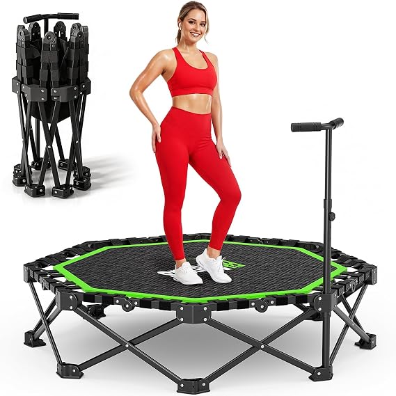 42"/48" Foldable Mini Trampoline, 450/550lb Capacity Rebounder with Adjustable T-Bar for Adults, Home Gym Fitness Equipment