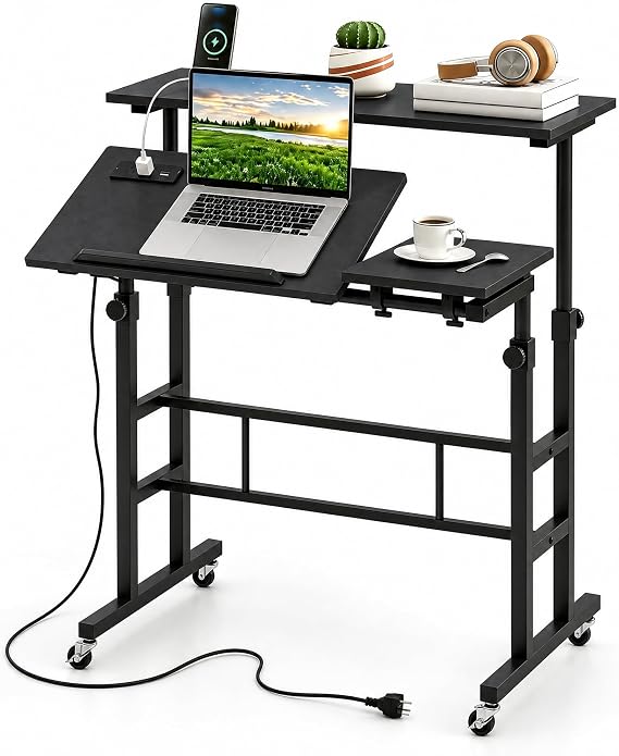 Tangkula Height Adjustable Mobile Standing Desk with Built-in Power Outlets