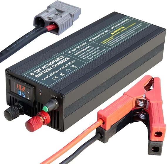 12V 85A LiFePO4 Battery Charger, 0-15V 0-85A Adjustable Fast Charger for 12V/12.8V LiFePO4 Batteries, LCD, Anderson & Clamps, CC/CV for RV Solar Trolling Motor