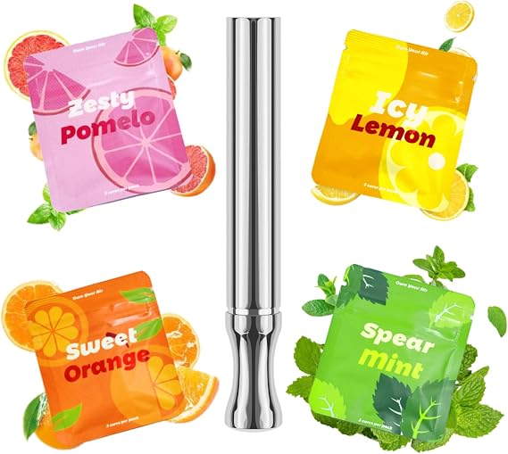 Prominent Flavored Air Device with 4 Packs of Plant Based Cores - Naturally Quit Bad Habits | Pocket-Sized Habit Support Tool Journey Pack (Silver with Travel Flavor Packs)