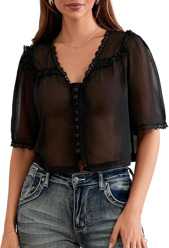 Women Ruffle Chiffon Shirts Button Down Short Sleeve Mesh Blouse Low Cut V-Neck Cute Loose Going Out Casual Tops