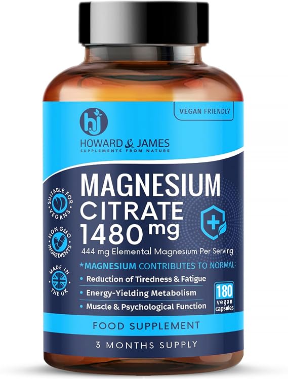 Magnesium Citrate 1480mg - 180 Vegan Capsules not Tablets - Providing 444mg Elemental Magnesium - 3 Month Supply - High Strength Supplements - Made in The UK by Howard & James