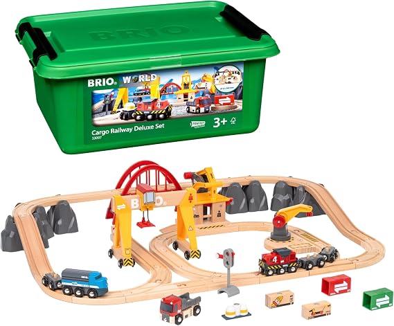 BRIO World Cargo Railway Deluxe - Wooden Track Train Set - Battery-Powered Engine, 3 Cranes, Bridge, Truck - Kids Ages 3+ Compatible with All Wooden Rail Sets - FSC Certified Wood - 54-Pieces