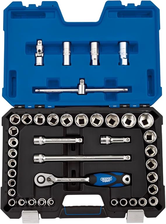 Draper 16453 1/2-Inch Square Drive Combined MM/AF Micro Satin Chrome 41 Piece Socket Set , Blue