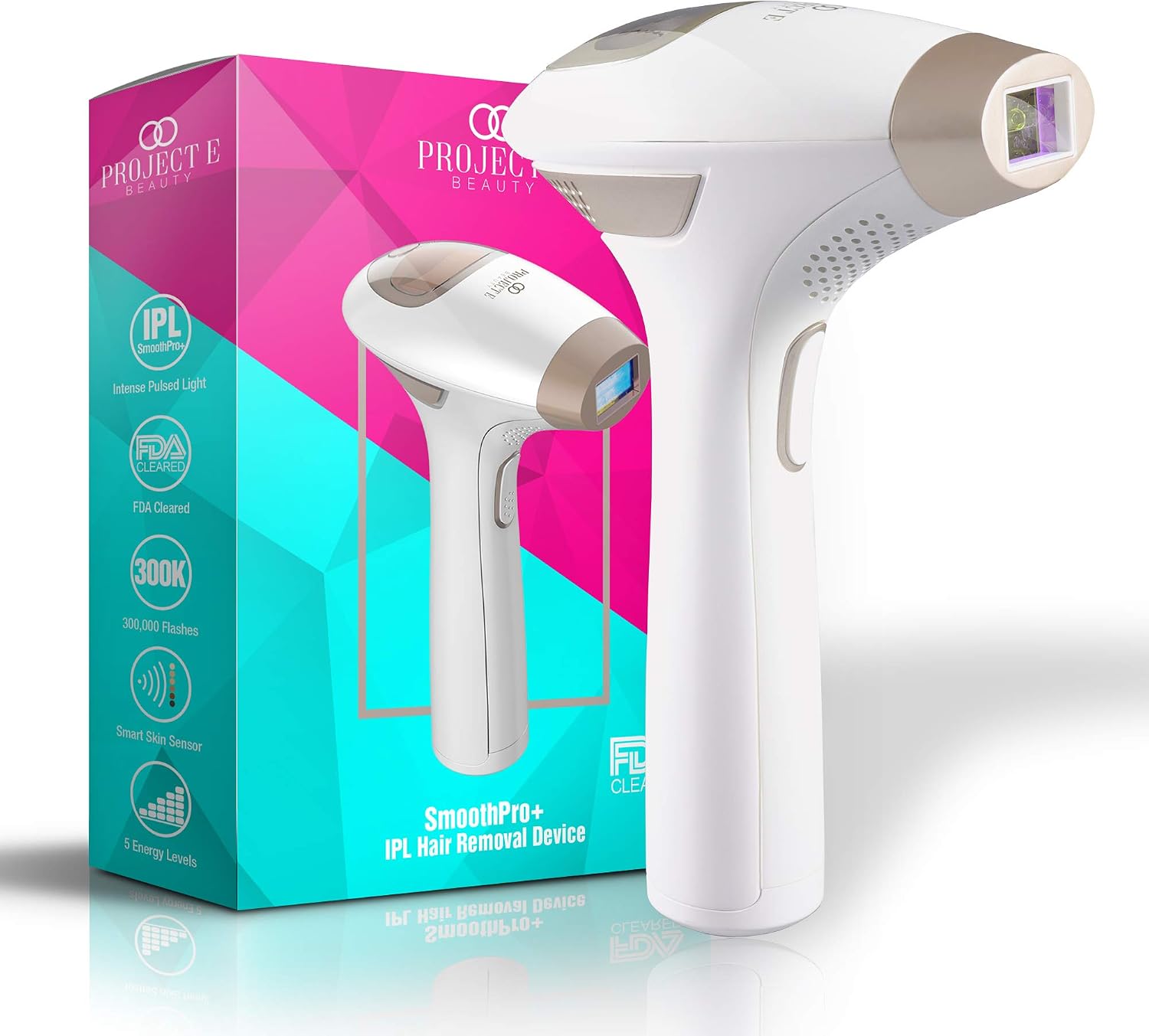 SmoothPro IPL Hair Removal Device by Project E Beauty | Intense Pulsed Light | 5 Energy Levels | 300,000 Flashes | Permanent Hair Reduction | Painless | Long Lasting for Face Armpits Legs Body