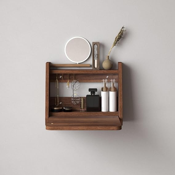 Foldable Floating Makeup Vanity with Mirror, 18MM Solid Wood Wall Mounted Vanity Desk with Storage, Space Saving Hidden Dressing Table(Walnut,40cm/15.7in)