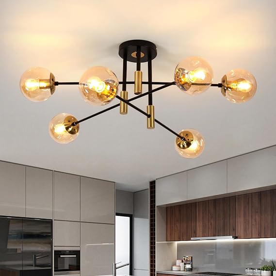 DELIPOP 6-Light Modern Sputnik Satellite Pendant Light with Glass Ball Semi Flush Mount Ceiling Light Fixture, Black and Gold Finish for Dining Rooms, Kitchens, Bedrooms and Living Rooms