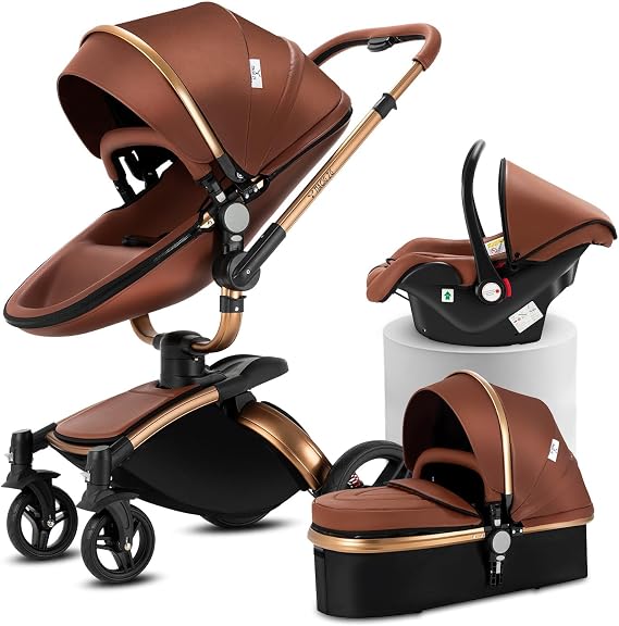 Magic ZC PU Leather 3 in 1 Pushchair Pram Travel System, Baby Stroller 3 in 1 with 360° Rotatable Seat, Newborn Infant Buggy with Aluminum Frame, Toddler Carriage with One-Click Folding (906 Brown-1)