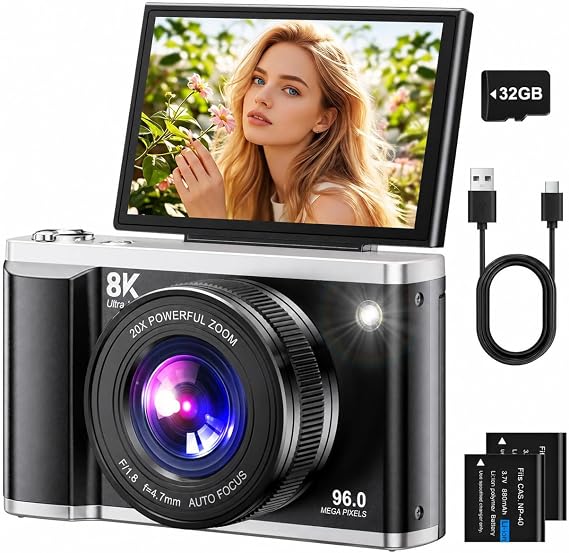 Digital Camera 8K 96MP with Wi-Fi 20X Digital Zoom Auto Focus Camera with Anti-Shake 3.5 Inch 180° Folding Display Compact Camera with 32GB SD Card and 2 Batteries for Teenagers Adults and