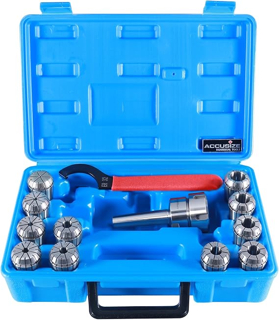 Accusize Industrial Tools Mt2 Shank Er32 Chuck with 11Pc Collets Kit, 1/8'' - 3/4'' by 16Th, Morse Taper Collet System, 0223-0303