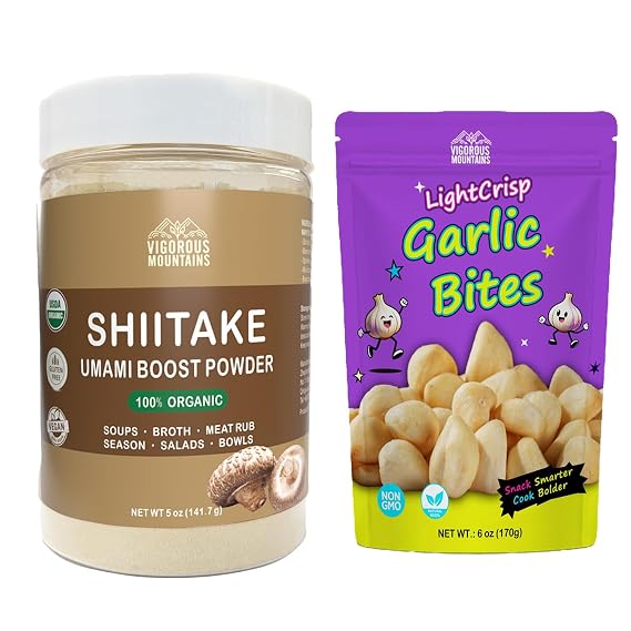VIGOROUS MOUNTAINS Shiitake Mushroom Powder Organic and Fried Garlic Snacks 6 Oz