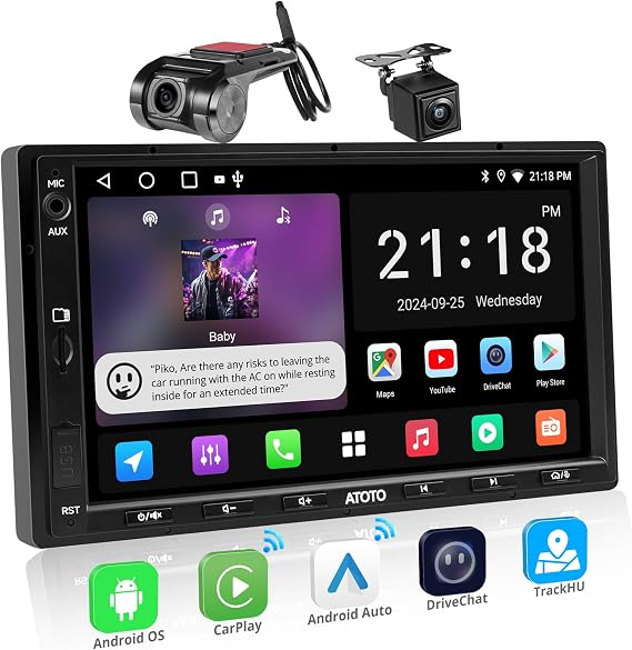 A5L Android 7" Double Din Car Stereo with Backup Camera&1080P DVR Dash Cam, Wireless CarPlay and Android Auto, WiFi/USB Tethering, DSP/FM/AM/SWC, 2G+32G Touchscreen Bluetooth Car Radio
