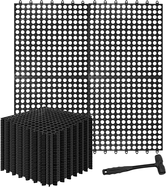 30 Pack Drainage Interlocking Tiles, 12"x12" Modular Interlocking Floor Tiles with 1 Pc Plastic Hammer Non Slip Rubber Floor mat with Holes for Pool Bathroom Deck Kitchen Patio (30, Black)