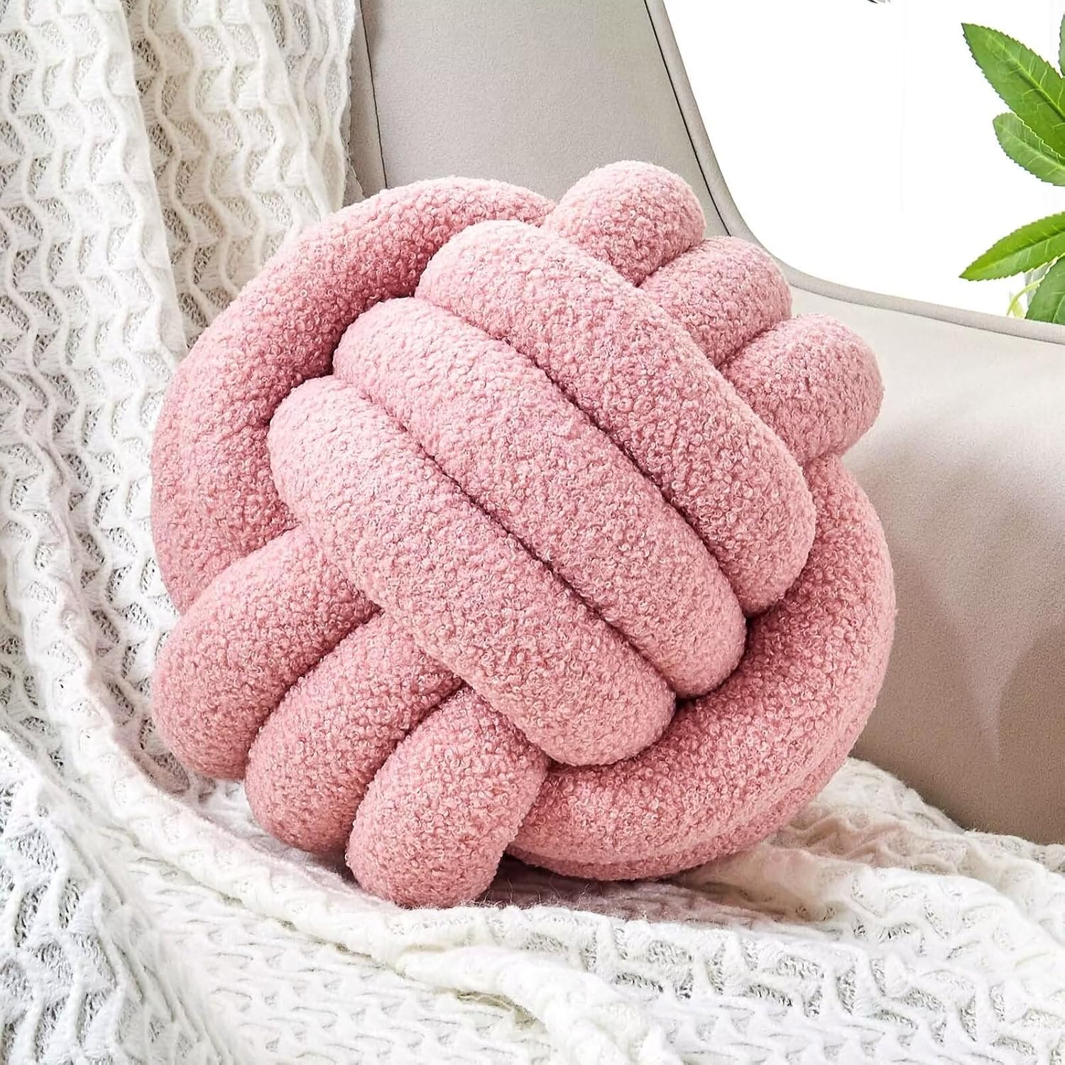 Uvvyui Knot Pillow Ball, Soft Home Decorative Round Throw Pillow, Handmade Knotted Plush Pillow, Round Boucle Pillow Cushion 8.6 Inches Blush Pink
