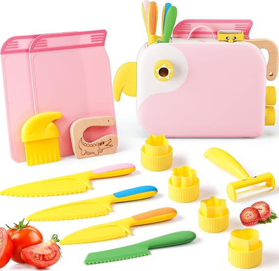 Montessori Kitchen Tools for Toddlers with Storage Box-Girl Cooking Set Real,Safe PP Material Toddler Kitchen Tools for Real Cooking,Dishwasher Safe,Pink Fun Bird-Shaped Organizer Toddler Knife Set