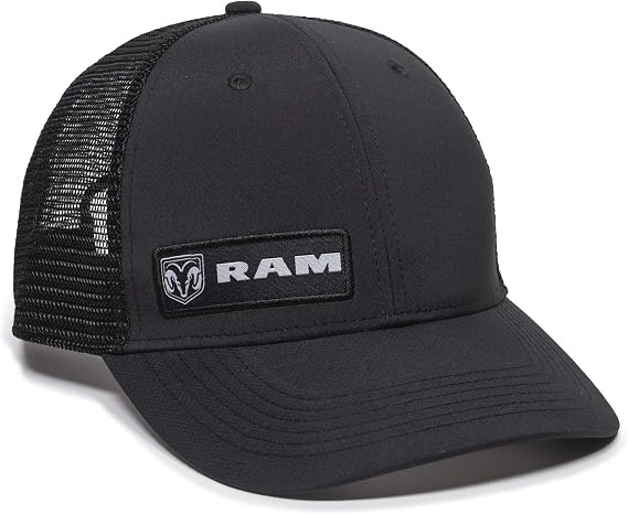 Dodge Ram Logo Badge Trucker Hat, Black, Structured Snapback